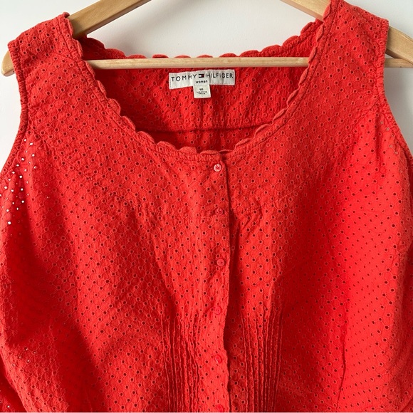 Tommy Hilfiger Women's Orange Red Sleeveless Eyelet Button Down Top Size 16 - Picture 3 of 8